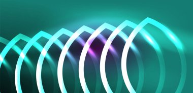 Neon çizgileri ve dalgalar soyut arkaplan. Duvar kağıdı, pankart, arkaplan, iniş sayfası, duvar sanatı, davetiye, baskılar, posterler için parlayan tekno neon şekiller vektör ilülasyonu