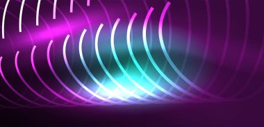 Neon çizgileri ve dalgalar soyut arkaplan. Duvar kağıdı, pankart, arkaplan, iniş sayfası, duvar sanatı, davetiye, baskılar, posterler için parlayan tekno neon şekiller vektör ilülasyonu