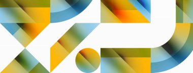 Kareli, üçgenli, daireli geometrik arkaplan. Şekiller uyumlu bir şekilde etkileşir, dijital tasarımlar, sunumlar, web sitesi afişleri, sosyal medya iletileri için görsel olarak çarpıcı bir tasarım oluşturur