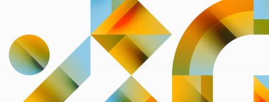 Kareli, üçgenli, daireli geometrik arkaplan. Şekiller uyumlu bir şekilde etkileşir, dijital tasarımlar, sunumlar, web sitesi afişleri, sosyal medya iletileri için görsel olarak çarpıcı bir tasarım oluşturur