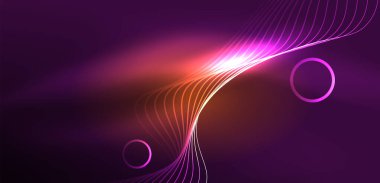Neon çizgileri ve dalgalar soyut arkaplan. Duvar kağıdı, pankart, arkaplan, iniş sayfası, duvar sanatı, davetiye, baskılar, posterler için parlayan tekno neon şekiller vektör ilülasyonu