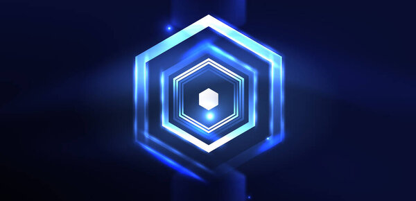 Hexagon abstract background. Techno glowing neon hexagon shapes vector illustration for wallpaper, banner, background, landing page, wall art, invitation, prints, posters