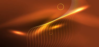 Neon çizgileri ve dalgalar soyut arkaplan. Duvar kağıdı, pankart, arkaplan, iniş sayfası, duvar sanatı, davetiye, baskılar, posterler için parlayan tekno neon şekiller vektör ilülasyonu