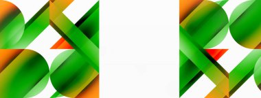 Beyaz zemin üzerinde canlı renk üçgenleri ve daireler dijital tasarımlar, sunumlar, web sitesi afişleri, sosyal medya paylaşımları için büyüleyici ve uyumlu bir kompozisyon oluşturmak için iç içe geçmiştir.