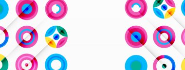 Canlı ve göz alıcı vektör arkaplanı, modern ve moda tasarımlar için mükemmel düzenlenmiş renkli çemberlerden oluşan bir şebeke içeriyor.