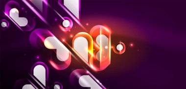 Neon parlayan geometrik şekiller vektör soyut arkaplanı. Yuvarlak elementler, ışık efektleri ve renk arkaplanlı parlak cam. Uzay kozmik ya da sihirli enerji duvar kağıdı