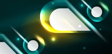 Neon parlayan geometrik şekiller vektör soyut arkaplanı. Yuvarlak elementler, ışık efektleri ve renk arkaplanlı parlak cam. Uzay kozmik ya da sihirli enerji duvar kağıdı