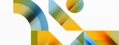 Kareli, üçgenli, daireli geometrik arkaplan. Şekiller uyumlu bir şekilde etkileşir, dijital tasarımlar, sunumlar, web sitesi afişleri, sosyal medya iletileri için görsel olarak çarpıcı bir tasarım oluşturur