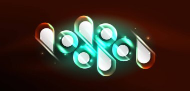 Neon parlayan geometrik şekiller vektör soyut arkaplanı. Yuvarlak elementler, ışık efektleri ve renk arkaplanlı parlak cam. Uzay kozmik ya da sihirli enerji duvar kağıdı