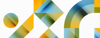 Kareli, üçgenli, daireli geometrik arkaplan. Şekiller uyumlu bir şekilde etkileşir, dijital tasarımlar, sunumlar, web sitesi afişleri, sosyal medya iletileri için görsel olarak çarpıcı bir tasarım oluşturur