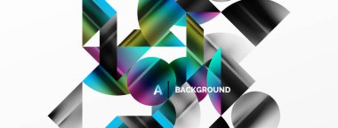 Renkli metalik daireler ve üçgenler ile zarif minimalist arka plan, duvar kağıdı, afiş, arkaplan, iniş sayfası için geometrik şekillerin uyumlu bileşimini oluşturur