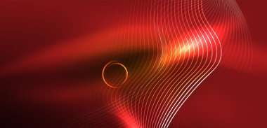 Neon çizgileri ve dalgalar soyut arkaplan. Duvar kağıdı, pankart, arkaplan, iniş sayfası, duvar sanatı, davetiye, baskılar, posterler için parlayan tekno neon şekiller vektör ilülasyonu