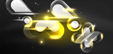 Neon parlayan geometrik şekiller vektör soyut arkaplanı. Yuvarlak elementler, ışık efektleri ve renk arkaplanlı parlak cam. Uzay kozmik ya da sihirli enerji duvar kağıdı