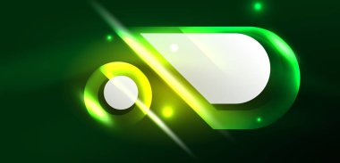 Neon parlayan geometrik şekiller vektör soyut arkaplanı. Yuvarlak elementler, ışık efektleri ve renk arkaplanlı parlak cam. Uzay kozmik ya da sihirli enerji duvar kağıdı