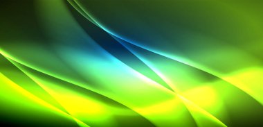 Neon ışıklarının ruhani parıltısında dinamik dalgalar. Hareket akışkanlığı ile neonun ışıl ışıl cazibesini birleştiren kavram, hem canlılığı hem de gelecekteki karmaşıklığı somutlaştıran büyüleyici arka plan.