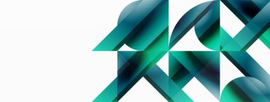 Beyaz zemin üzerinde canlı renk üçgenleri ve daireler dijital tasarımlar, sunumlar, web sitesi afişleri, sosyal medya paylaşımları için büyüleyici ve uyumlu bir kompozisyon oluşturmak için iç içe geçmiştir.