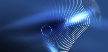 Neon lazer hatları, daire dalgaları soyut arkaplan. Neon ışığı ya da lazer gösterisi, elektrik akımı, güç hatları, tekno kuantum enerji dürtüsü, parlayan sihirli dinamik çizgiler.