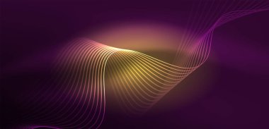 Parlak neon dalgalar. Neon ışığı ya da lazer gösterisi, elektrik akımı, güç hatları, tekno kuantum enerji dürtüsü, parlayan sihirli dinamik çizgiler.