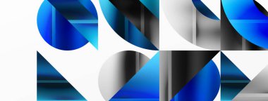 Renkli metalik daireler ve üçgenler ile zarif minimalist arka plan, duvar kağıdı, afiş, arkaplan, iniş sayfası için geometrik şekillerin uyumlu bileşimini oluşturur