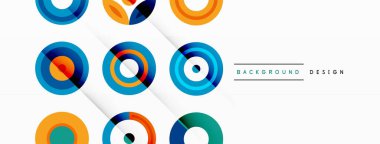 Canlı ve göz alıcı vektör arkaplanı, modern ve moda tasarımlar için mükemmel düzenlenmiş renkli çemberlerden oluşan bir şebeke içeriyor.