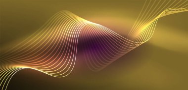 Parlak neon dalgalar. Neon ışığı ya da lazer gösterisi, elektrik akımı, güç hatları, tekno kuantum enerji dürtüsü, parlayan sihirli dinamik çizgiler.