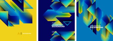 Soyut geometrik poster arka planlarının vektör kümesi, akışkan renklerde renkli şekiller. Kapaklar, şablonlar, el ilanları, pankartlar, broşürler, afişler koleksiyonu