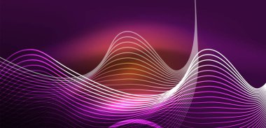 Neon çizgileri ve dalgalar soyut arkaplan. Duvar kağıdı, pankart, arkaplan, iniş sayfası, duvar sanatı, davetiye, baskılar, posterler için parlayan tekno neon şekiller vektör ilülasyonu