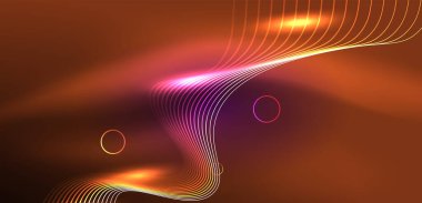 Neon çizgileri ve dalgalar soyut arkaplan. Duvar kağıdı, pankart, arkaplan, iniş sayfası, duvar sanatı, davetiye, baskılar, posterler için parlayan tekno neon şekiller vektör ilülasyonu