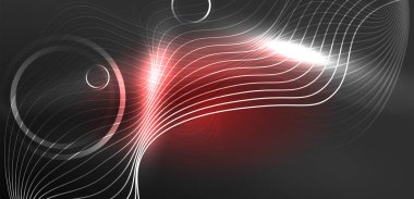 Neon lazer hatları, daire dalgaları soyut arkaplan. Neon ışığı ya da lazer gösterisi, elektrik akımı, güç hatları, tekno kuantum enerji dürtüsü, parlayan sihirli dinamik çizgiler.