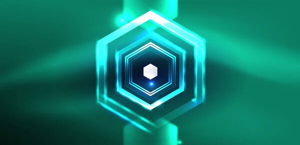 Hexagon abstract background. Techno glowing neon hexagon shapes vector illustration for wallpaper, banner, background, landing page, wall art, invitation, prints, posters
