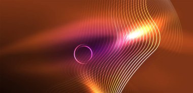 Neon çizgileri ve dalgalar soyut arkaplan. Duvar kağıdı, pankart, arkaplan, iniş sayfası, duvar sanatı, davetiye, baskılar, posterler için parlayan tekno neon şekiller vektör ilülasyonu