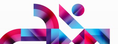 Kareli, üçgenli, daireli geometrik arkaplan. Şekiller uyumlu bir şekilde etkileşir, dijital tasarımlar, sunumlar, web sitesi afişleri, sosyal medya iletileri için görsel olarak çarpıcı bir tasarım oluşturur