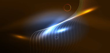 Neon çizgileri ve dalgalar soyut arkaplan. Duvar kağıdı, pankart, arkaplan, iniş sayfası, duvar sanatı, davetiye, baskılar, posterler için parlayan tekno neon şekiller vektör ilülasyonu
