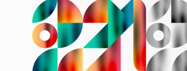 Üçgenlerin, çizgilerin ve yuvarlak elementlerin uyumlu etkileşimlerini içeren mozaik desen yapısı, posterler, kapaklar, broşürler, web siteleri için görsel olarak çekici ve dinamik bir tasarım yaratıyor