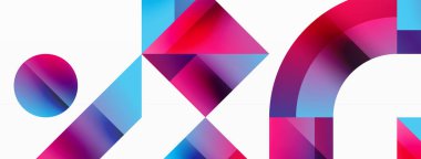 Kareli, üçgenli, daireli geometrik arkaplan. Şekiller uyumlu bir şekilde etkileşir, dijital tasarımlar, sunumlar, web sitesi afişleri, sosyal medya iletileri için görsel olarak çarpıcı bir tasarım oluşturur