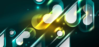 Neon parlayan geometrik şekiller vektör soyut arkaplanı. Yuvarlak elementler, ışık efektleri ve renk arkaplanlı parlak cam. Uzay kozmik ya da sihirli enerji duvar kağıdı