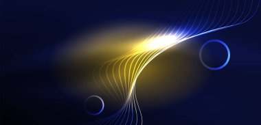 Neon lazer hatları, daire dalgaları soyut arkaplan. Neon ışığı ya da lazer gösterisi, elektrik akımı, güç hatları, tekno kuantum enerji dürtüsü, parlayan sihirli dinamik çizgiler.