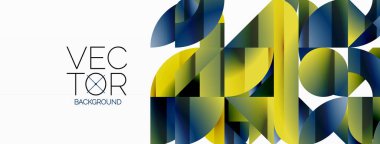 Dinamik soyut vektör arkaplanı. Dairelerin, karelerin ve üçgenlerin uyumlu birleşimi. Geometrik elementler büyüleyici bir zemin oluşturmak için birbirine dolanır. Her şekil biçimlerin kaleydoskopuna katkıda bulunur