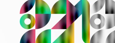 Üçgenlerin, çizgilerin ve yuvarlak elementlerin uyumlu etkileşimlerini içeren mozaik desen yapısı, posterler, kapaklar, broşürler, web siteleri için görsel olarak çekici ve dinamik bir tasarım yaratıyor