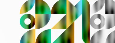 Üçgenlerin, çizgilerin ve yuvarlak elementlerin uyumlu etkileşimlerini içeren mozaik desen yapısı, posterler, kapaklar, broşürler, web siteleri için görsel olarak çekici ve dinamik bir tasarım yaratıyor