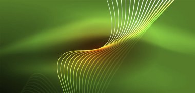 Parlak neon dalgalar. Neon ışığı ya da lazer gösterisi, elektrik akımı, güç hatları, tekno kuantum enerji dürtüsü, parlayan sihirli dinamik çizgiler.