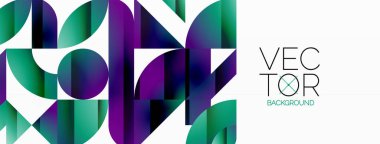 Dinamik soyut vektör arkaplanı. Dairelerin, karelerin ve üçgenlerin uyumlu birleşimi. Geometrik elementler büyüleyici bir zemin oluşturmak için birbirine dolanır. Her şekil biçimlerin kaleydoskopuna katkıda bulunur