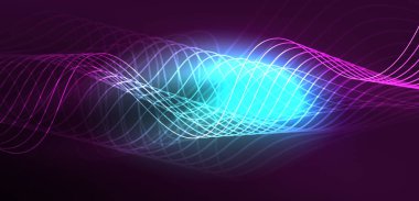 Parlak neon dalgalar. Neon ışığı ya da lazer gösterisi, elektrik akımı, güç hatları, tekno kuantum enerji dürtüsü, parlayan sihirli dinamik çizgiler.