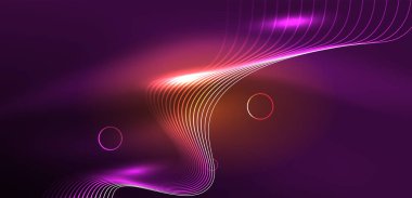 Neon çizgileri ve dalgalar soyut arkaplan. Duvar kağıdı, pankart, arkaplan, iniş sayfası, duvar sanatı, davetiye, baskılar, posterler için parlayan tekno neon şekiller vektör ilülasyonu