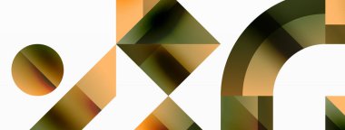 Kareli, üçgenli, daireli geometrik arkaplan. Şekiller uyumlu bir şekilde etkileşir, dijital tasarımlar, sunumlar, web sitesi afişleri, sosyal medya iletileri için görsel olarak çarpıcı bir tasarım oluşturur