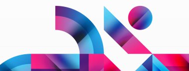 Kareli, üçgenli, daireli geometrik arkaplan. Şekiller uyumlu bir şekilde etkileşir, dijital tasarımlar, sunumlar, web sitesi afişleri, sosyal medya iletileri için görsel olarak çarpıcı bir tasarım oluşturur