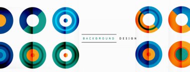 Aynı büyüklükte renkli dairelerin göz alıcı arka planı soyut düzende sıralanmış. Çemberin eşsiz bir tonu veya tonu vardır, gökkuşağı etkisi yaratır. Tasarımın neşeli, çağdaş hissi var.