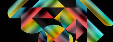 Üçgenlerin, çizgilerin ve yuvarlak elementlerin uyumlu etkileşimlerini içeren mozaik desen yapısı, posterler, kapaklar, broşürler, web siteleri için görsel olarak çekici ve dinamik bir tasarım yaratıyor