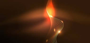 Parlak neon dalgalar. Neon ışığı ya da lazer gösterisi, elektrik akımı, güç hatları, tekno kuantum enerji dürtüsü, parlayan sihirli dinamik çizgiler.