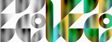 Üçgenlerin, çizgilerin ve yuvarlak elementlerin uyumlu etkileşimlerini içeren mozaik desen yapısı, posterler, kapaklar, broşürler, web siteleri için görsel olarak çekici ve dinamik bir tasarım yaratıyor